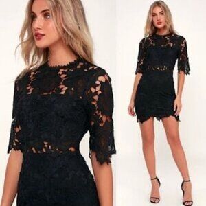 Lulus A Fine Romance Lace Dress Black Cocktail Cut Out Midriff, Womens Medium